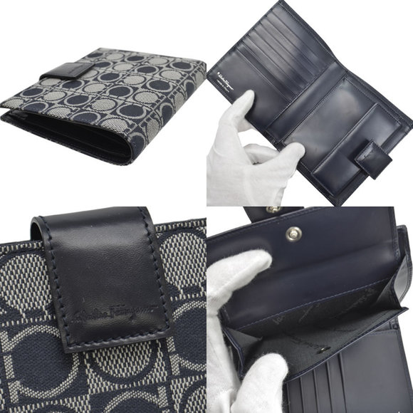 Salvatore Ferragamo Wallet Gancio Navy Gray Canvas Leather Bi-Fold Ladies - Picture 2 of 15